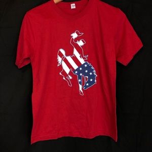 USA sz yl red bronco flag T-shirt America cowboy